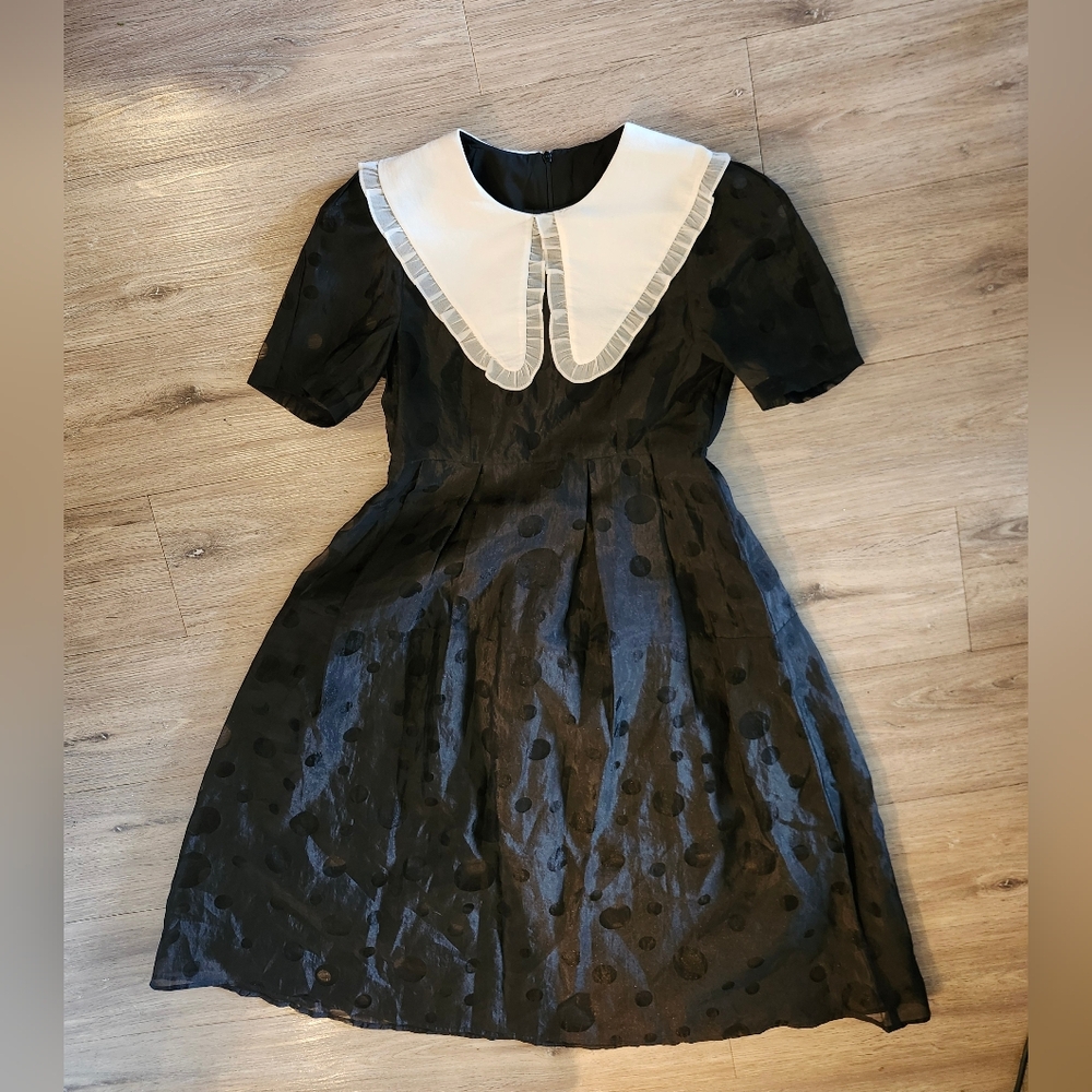 🦇Black Wednesday Adams Dress with White Peter Pan Collar🦇